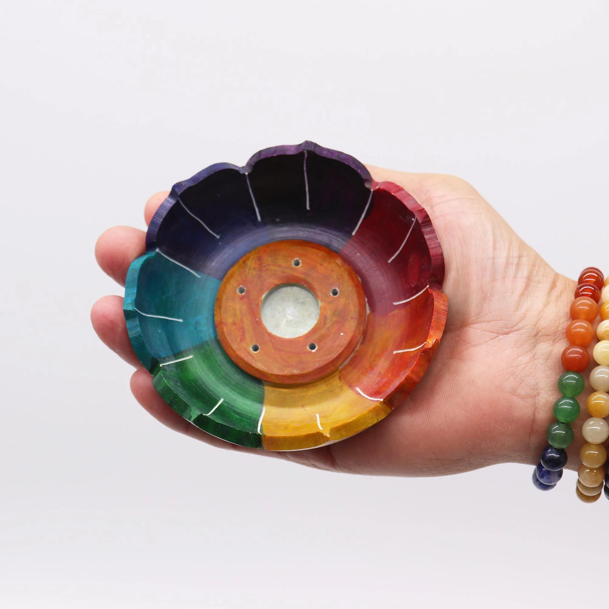 Soapstone Lotus Flower Incense Holder - Chakra Colours
