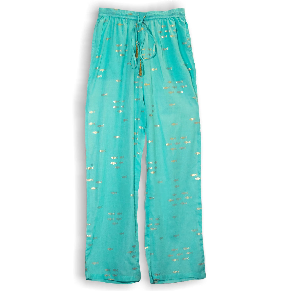 Nomad Sari Lounge Pants (L/XL) Turquoise with Hand-Painted Gold Fish Design