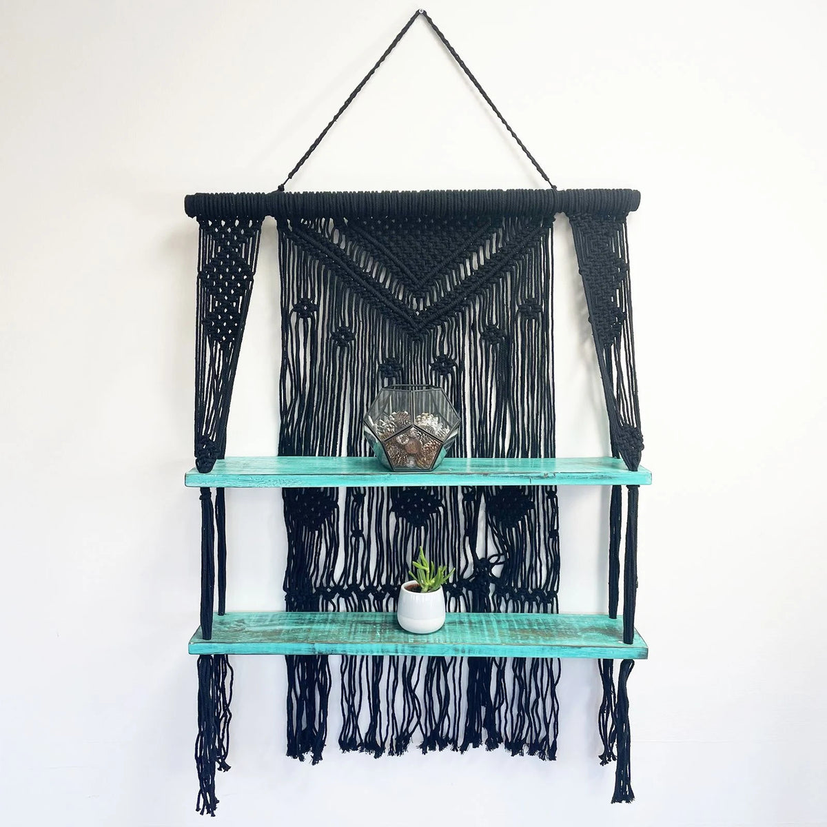 Black Macrame Hanging Shelves - Turquoise