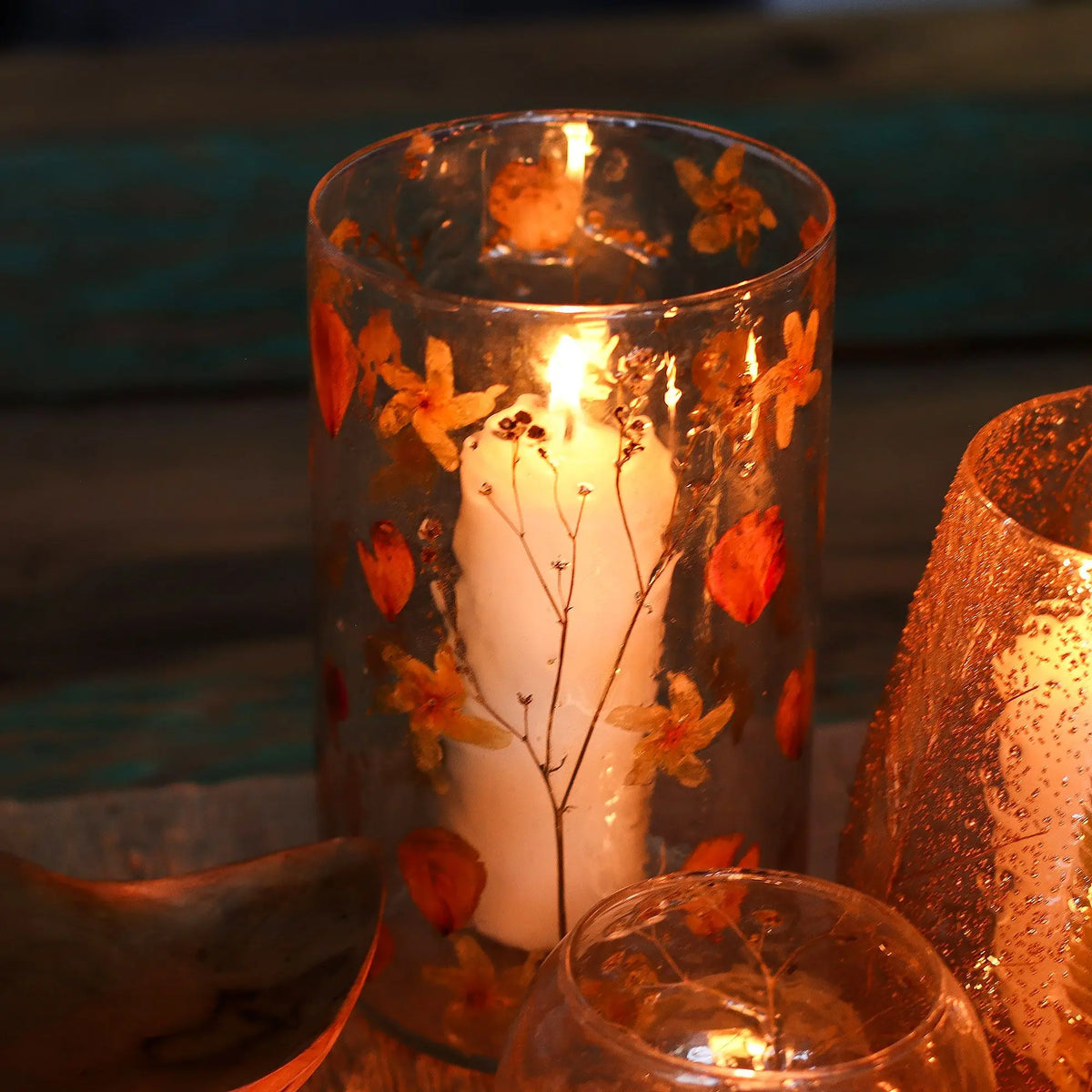 Natural Floral Glass - Tall Vase Candle Holder - Rose - (19x11cm)