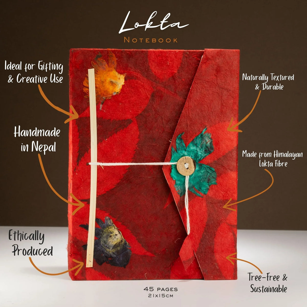 Lokta Bold Floral Notebook Large (21x15cm) 45 Leaves Includes Bookmark Ruby