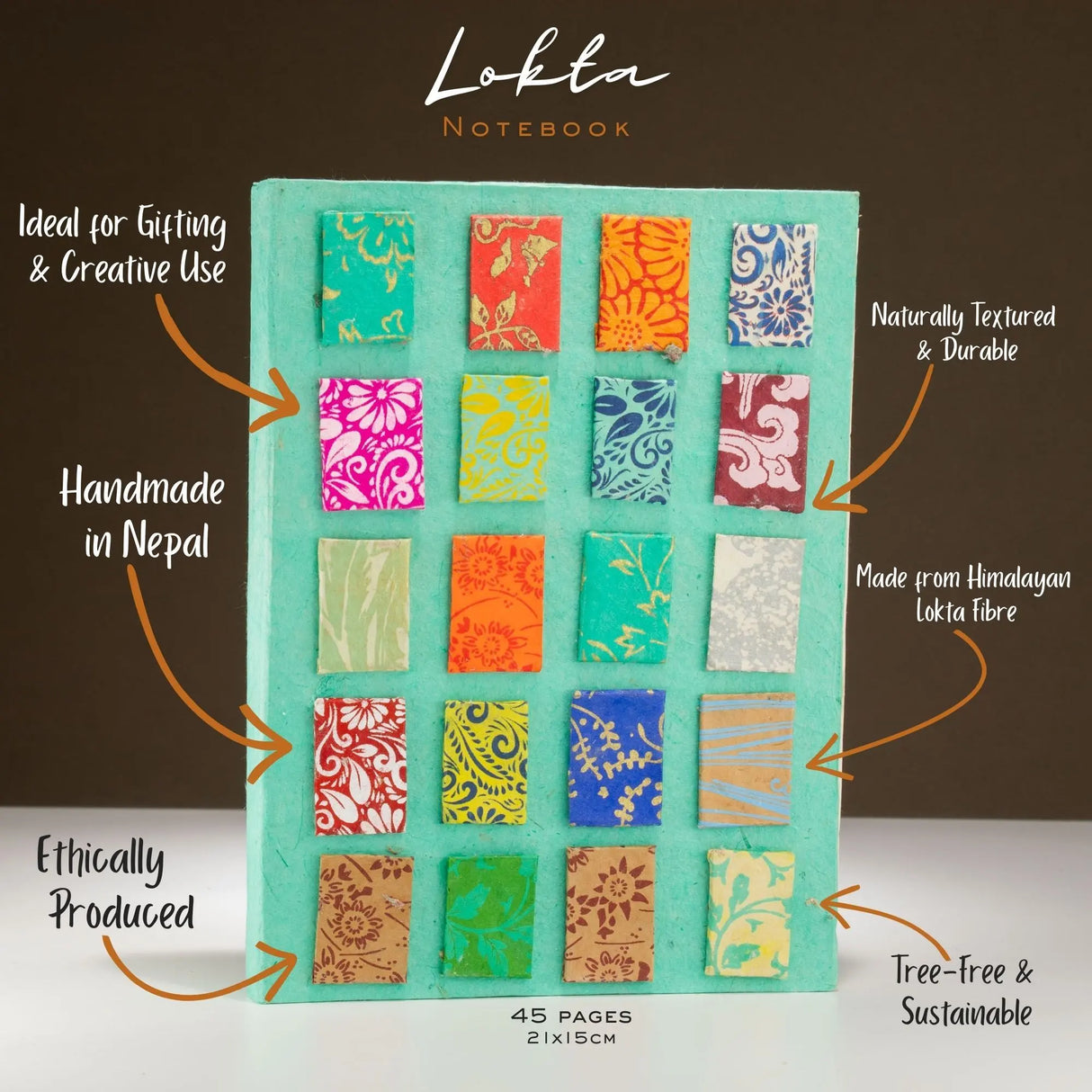 Lokta Mini Tiles Notebook Large (21x15cm) 45 Leaves Includes Bookmark Teal