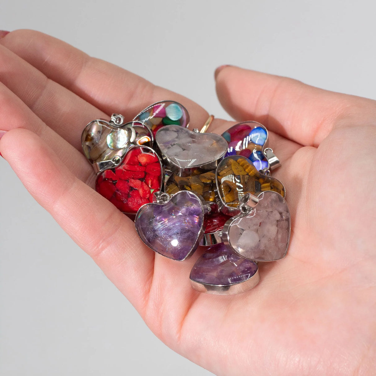 Steel Cased Pendant Hearts - 12 Assorted Gemstone Chips & Shells