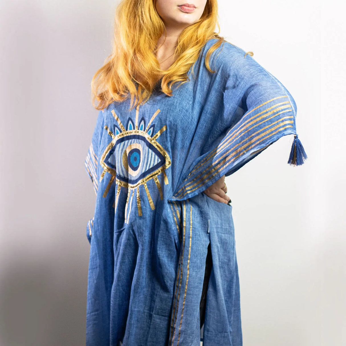 Nomad Sari Kaftan Rich Blue & Gold Evil Eye Print