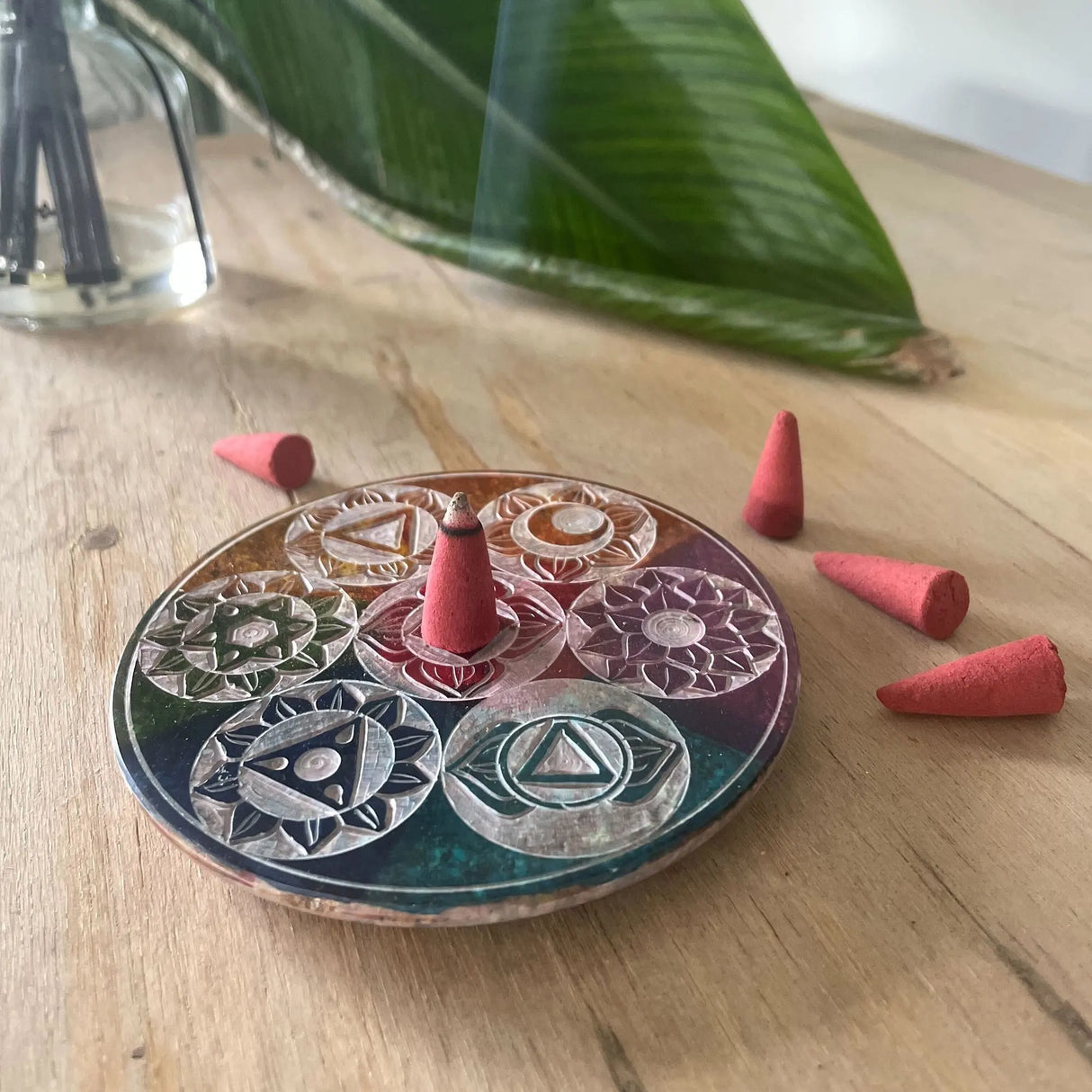 Soapstone Disc Incense Cone Holder 10cm - Seven Chakra