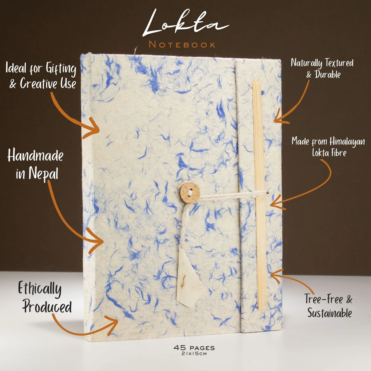 Lokta Mixed Blue Cotton Notebook Large (21x15cm) 45 Leaves Includes Bookmark