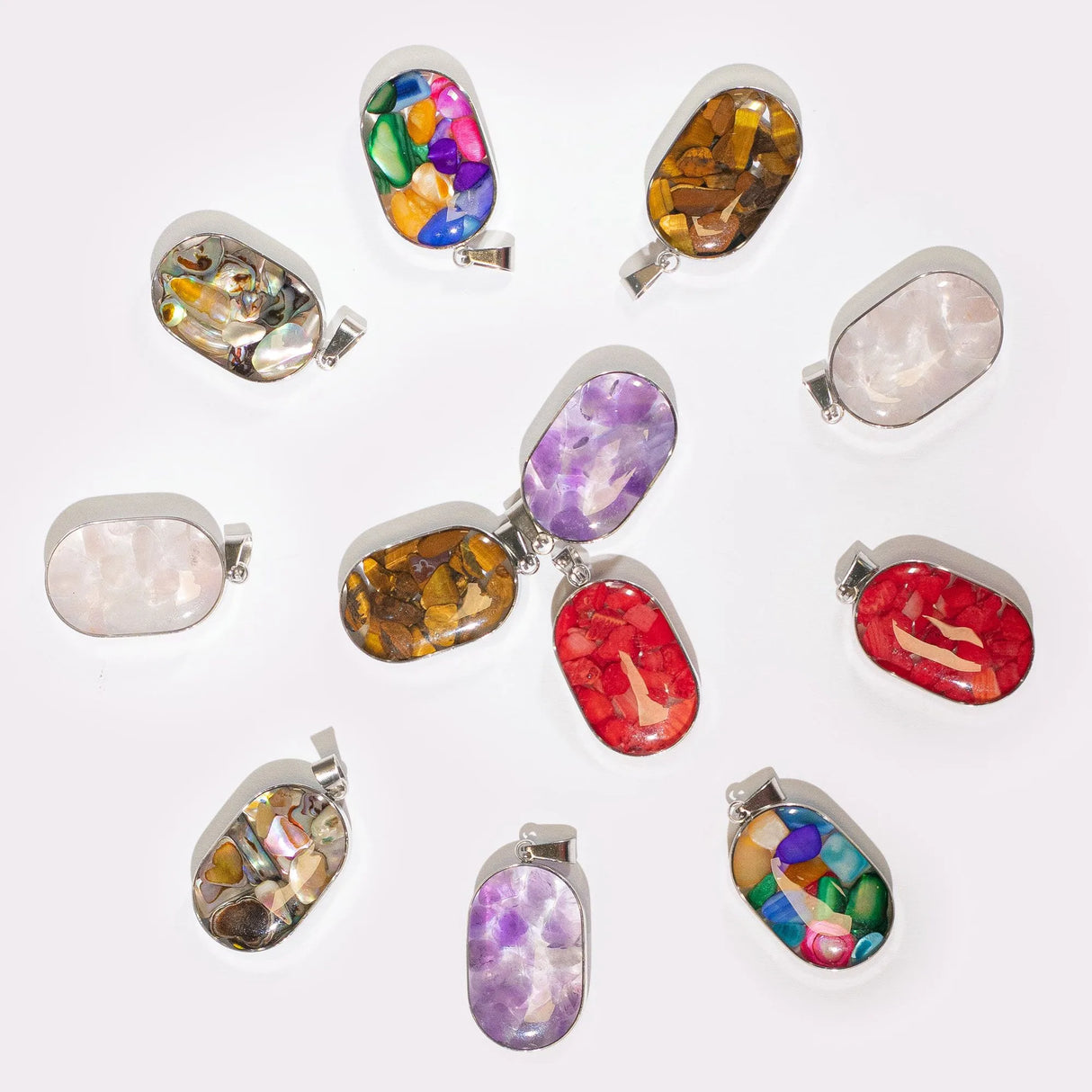 Steel Cased Pendant Ovals - 12 Assorted Gemstone Chips & Shells