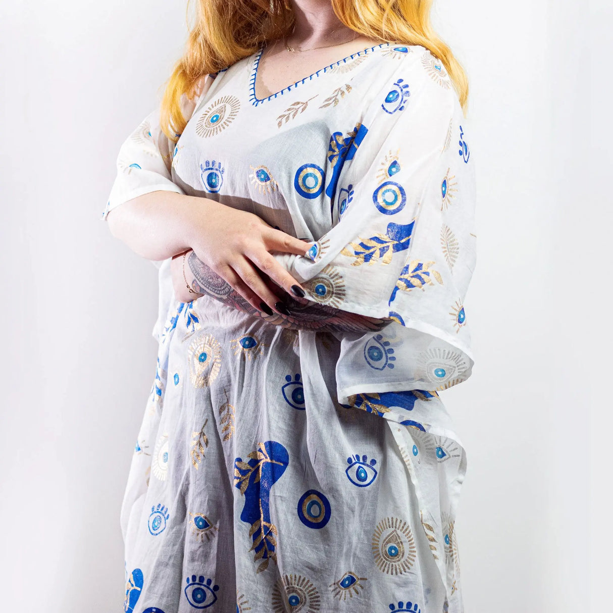 Nomad Sari Kaftan White with Blue & Gold Evil Eye Print