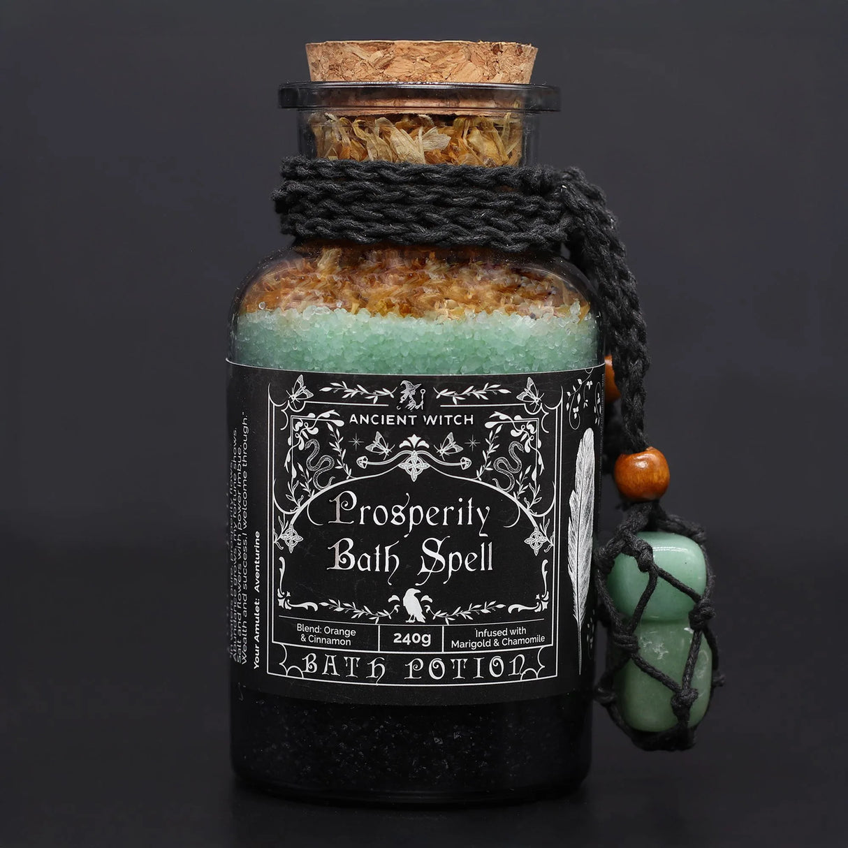 Ancient Witch Bath Spell Potion & Aventurine Crystal Amulet - Prosperity