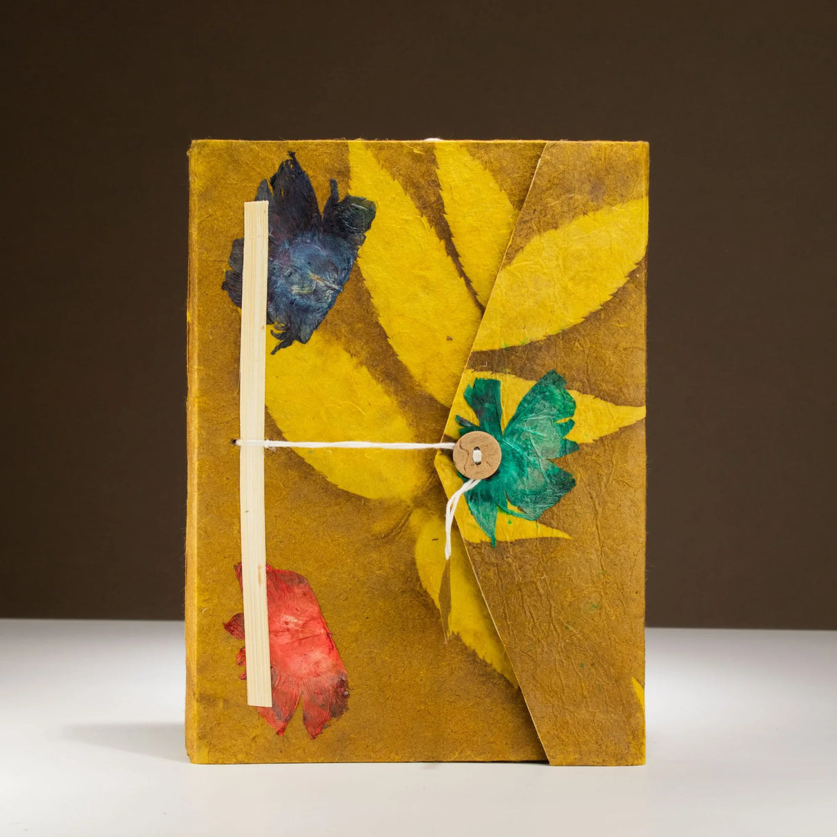 Lokta Bold Floral Notebook Large (21x15cm) 45 Leaves Includes Bookmark Mustard Brown