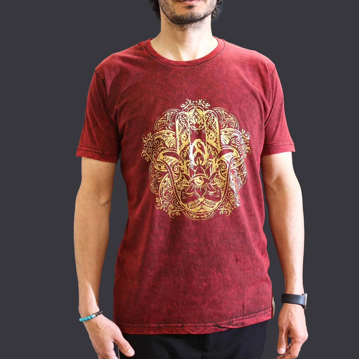 Nomad Sari Stonewashed Cotton T-Shirt Hamsa Maroon Medium