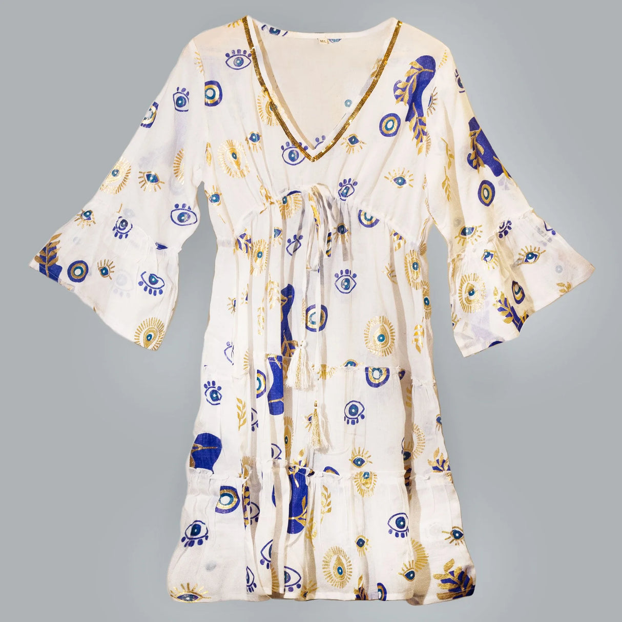 Nomad Sari Evil Eye Dress White, Blue & Gold Size M/L