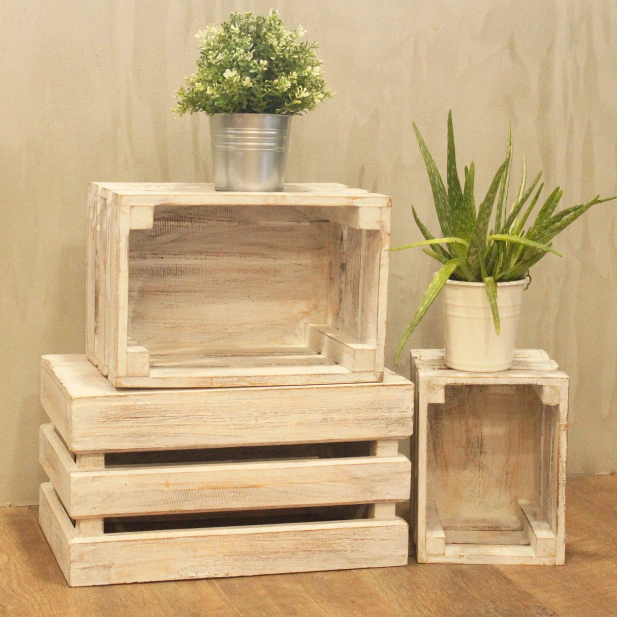 Wooden Storage Crates Whitewash (Set of 3)