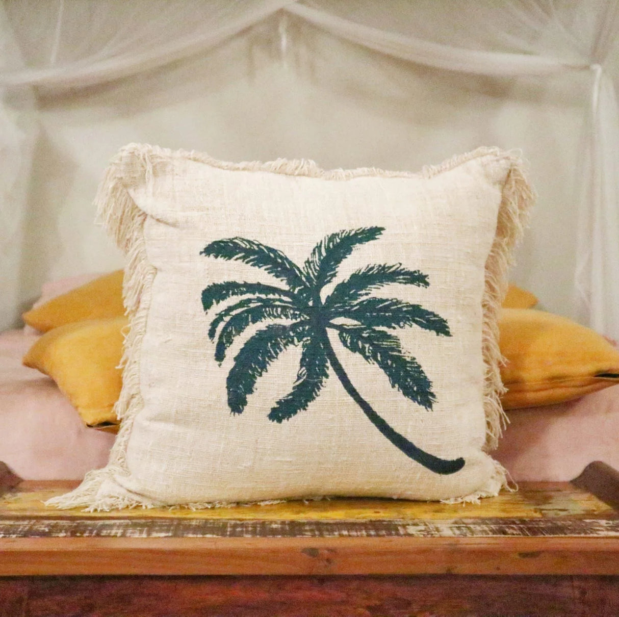 Linen Cushion Cover 60x60cm Palm Tree with Fringe