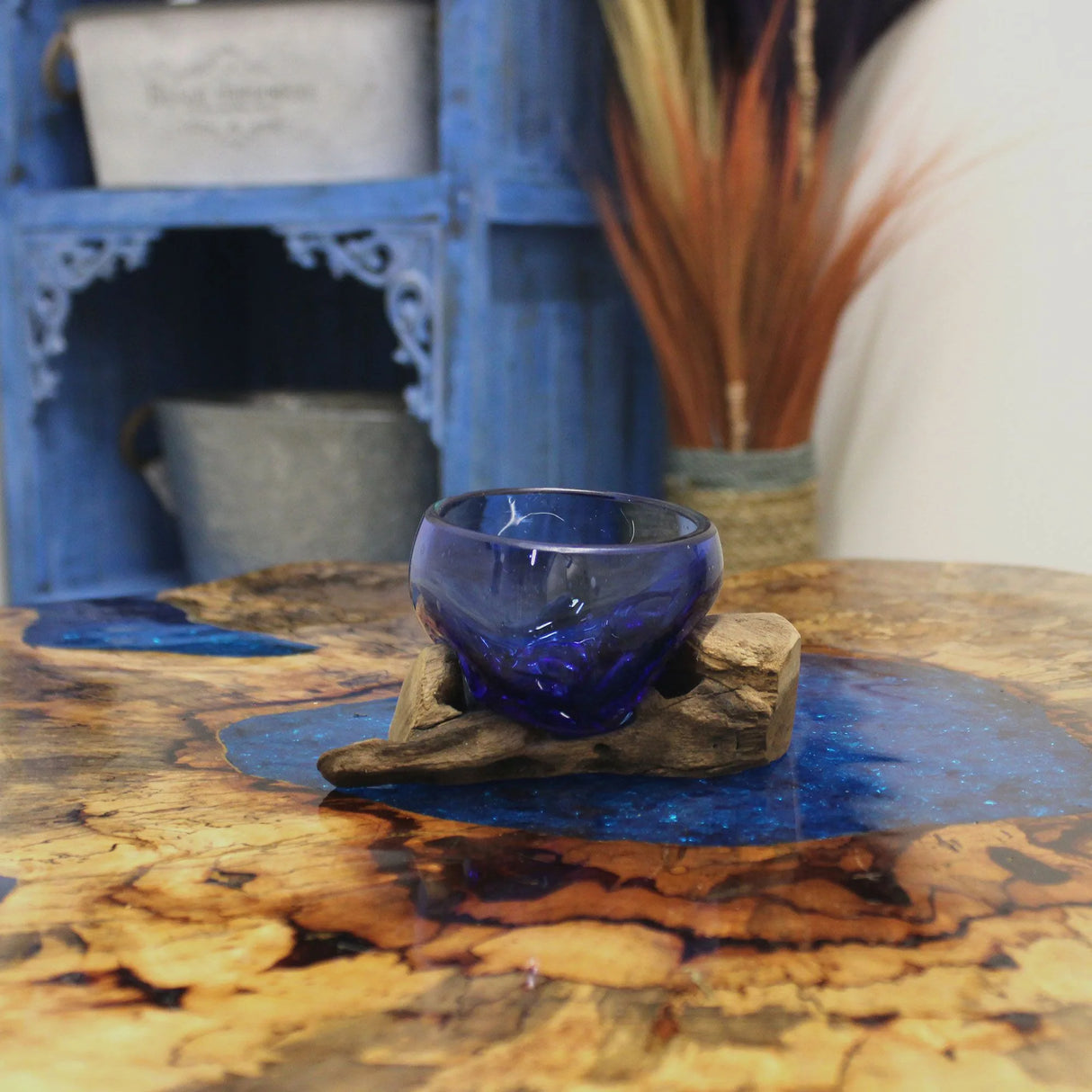Molton Glass Mini Blue Bowl on Wood
