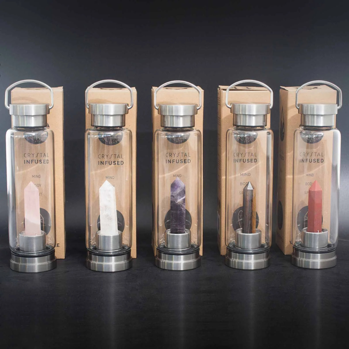 Crystal Infused Glass Water Bottle - Determined Tiger's Eye - Obelisk