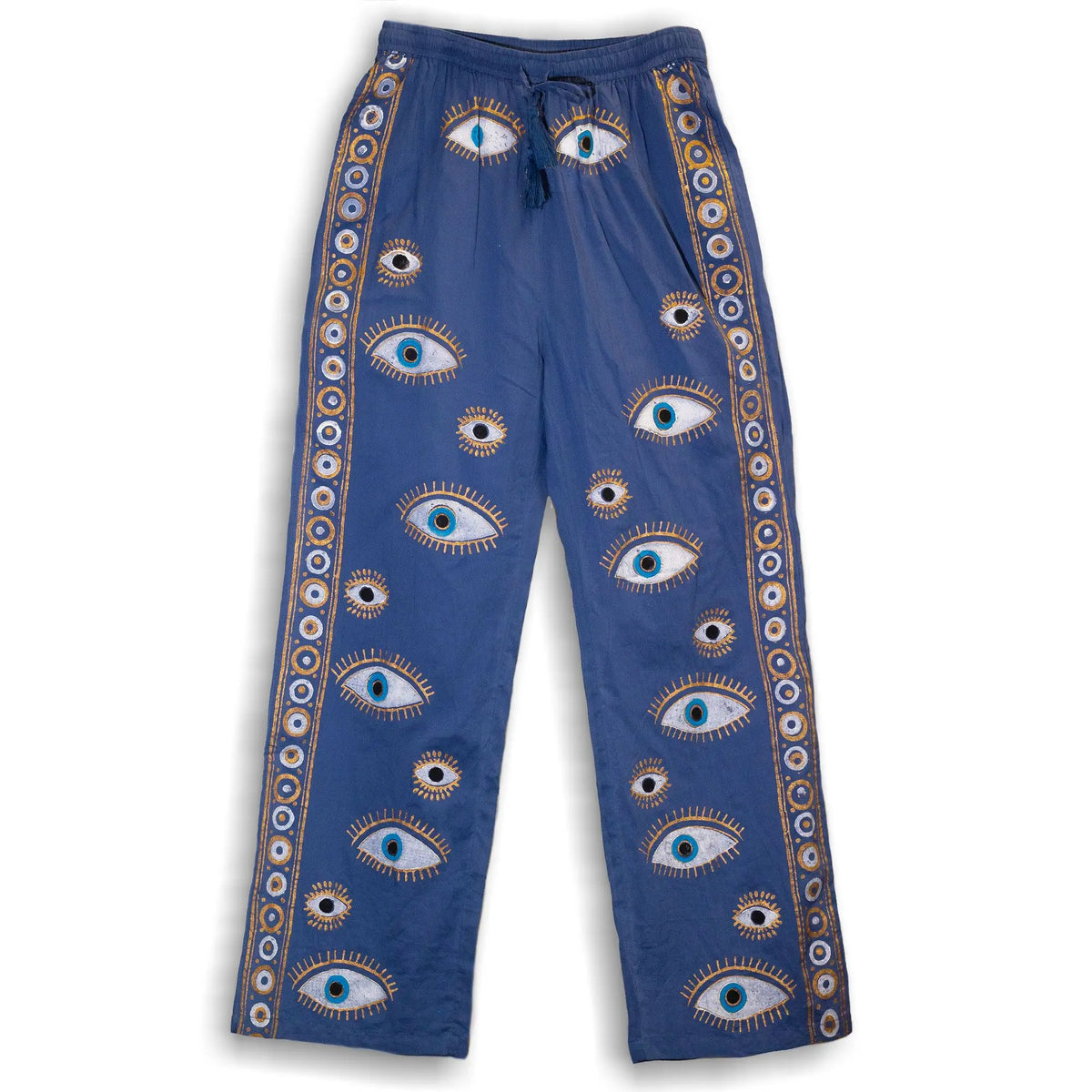 Nomad Sari Lounge Pants (L/XL) Rich Blue with Hand-Painted Gold Evil Eye Design