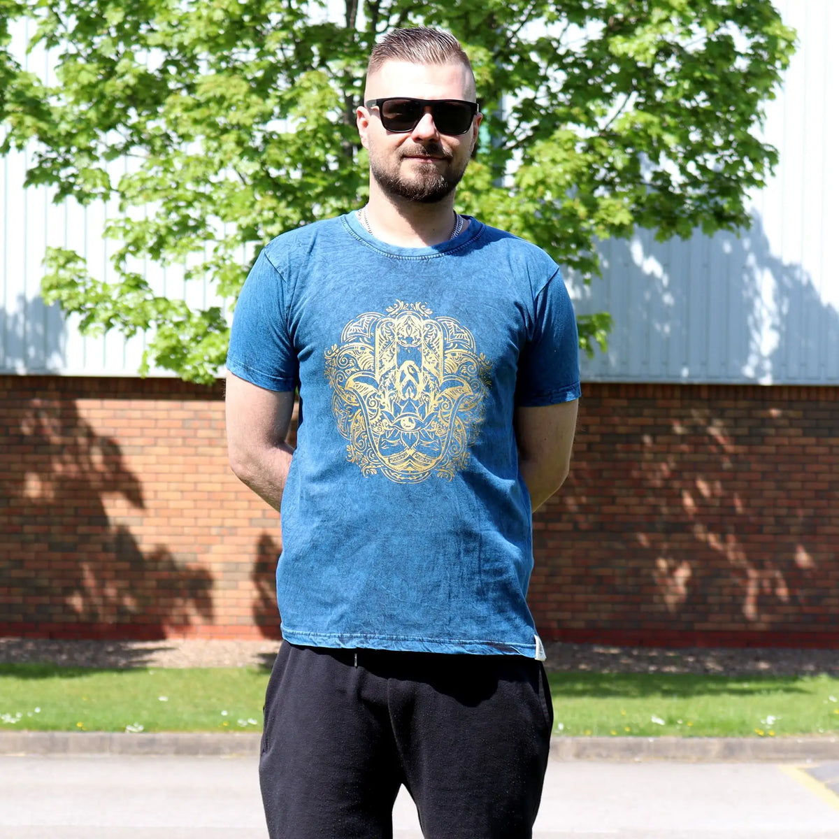 Nomad Sari Stonewashed Cotton T-Shirt Hamsa Blue Small