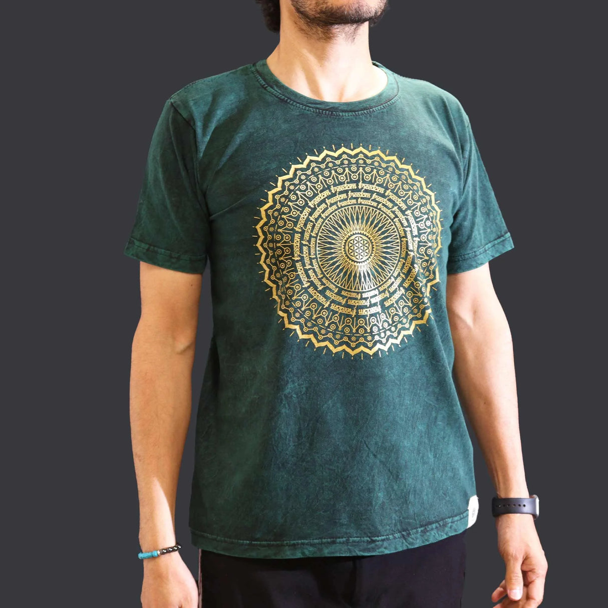 Nomad Sari Stonewashed Cotton T-Shirt - Mandala - Green - Medium