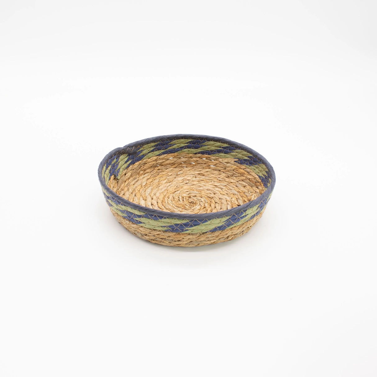 Straw & Seagrass Tray Baskets - Natural Green & Blue- Set of 3