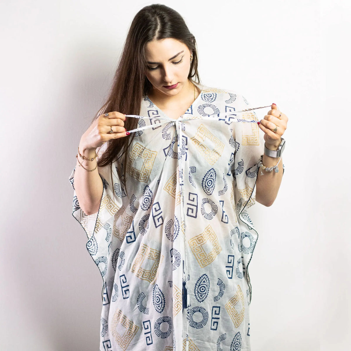 Nomad Sari Kaftan Blue & Gold Greek Motif Print