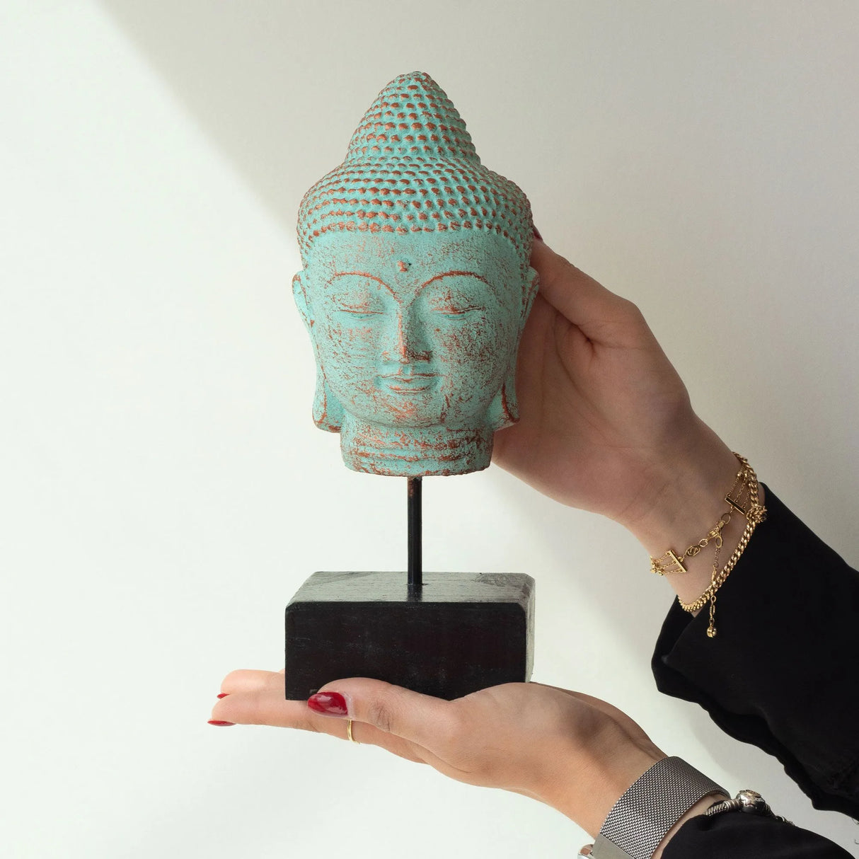 Stillness Buddha Head on Stand - Green Copper