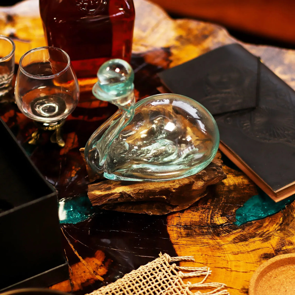 Molten Glass Duck Decanter on Wood with Stopper 19cm