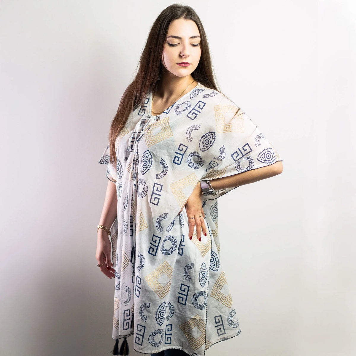 Nomad Sari Kaftan Blue & Gold Greek Motif Print