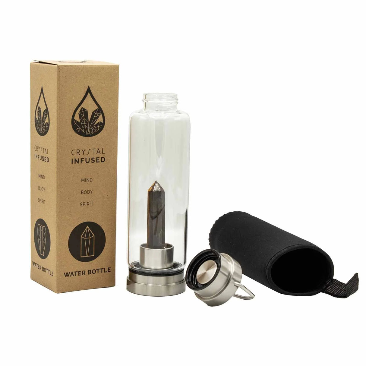 Crystal Infused Glass Water Bottle - Determined Tiger's Eye - Obelisk