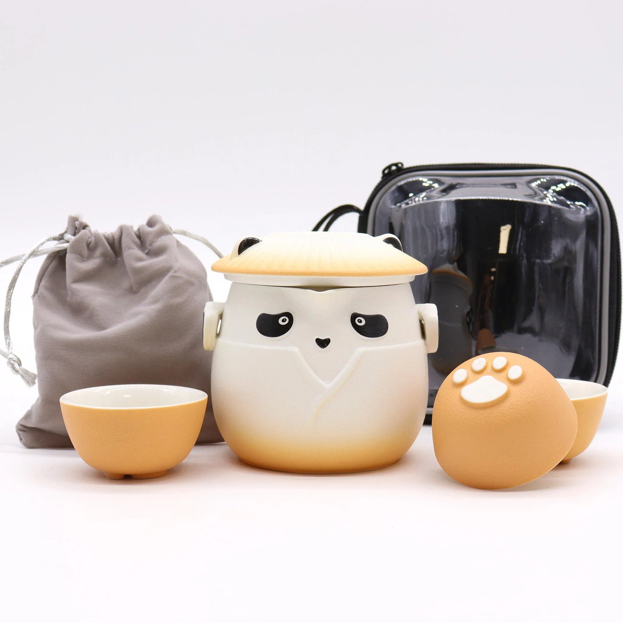 Panda Teapot Set & Three Cups - Orange