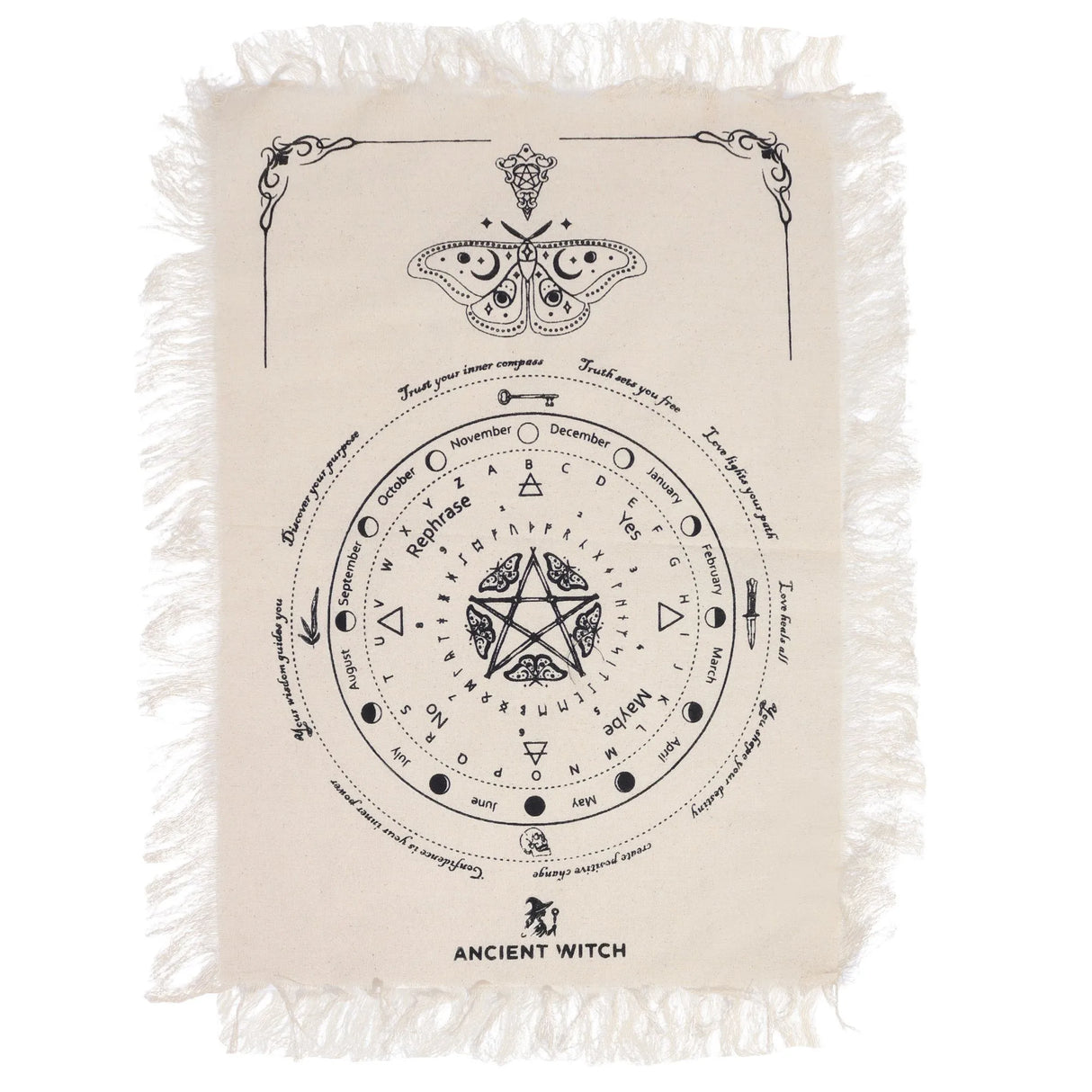 Ancient Witch Pendulum Divination Cloth - Mystic Moth - Natural & Black