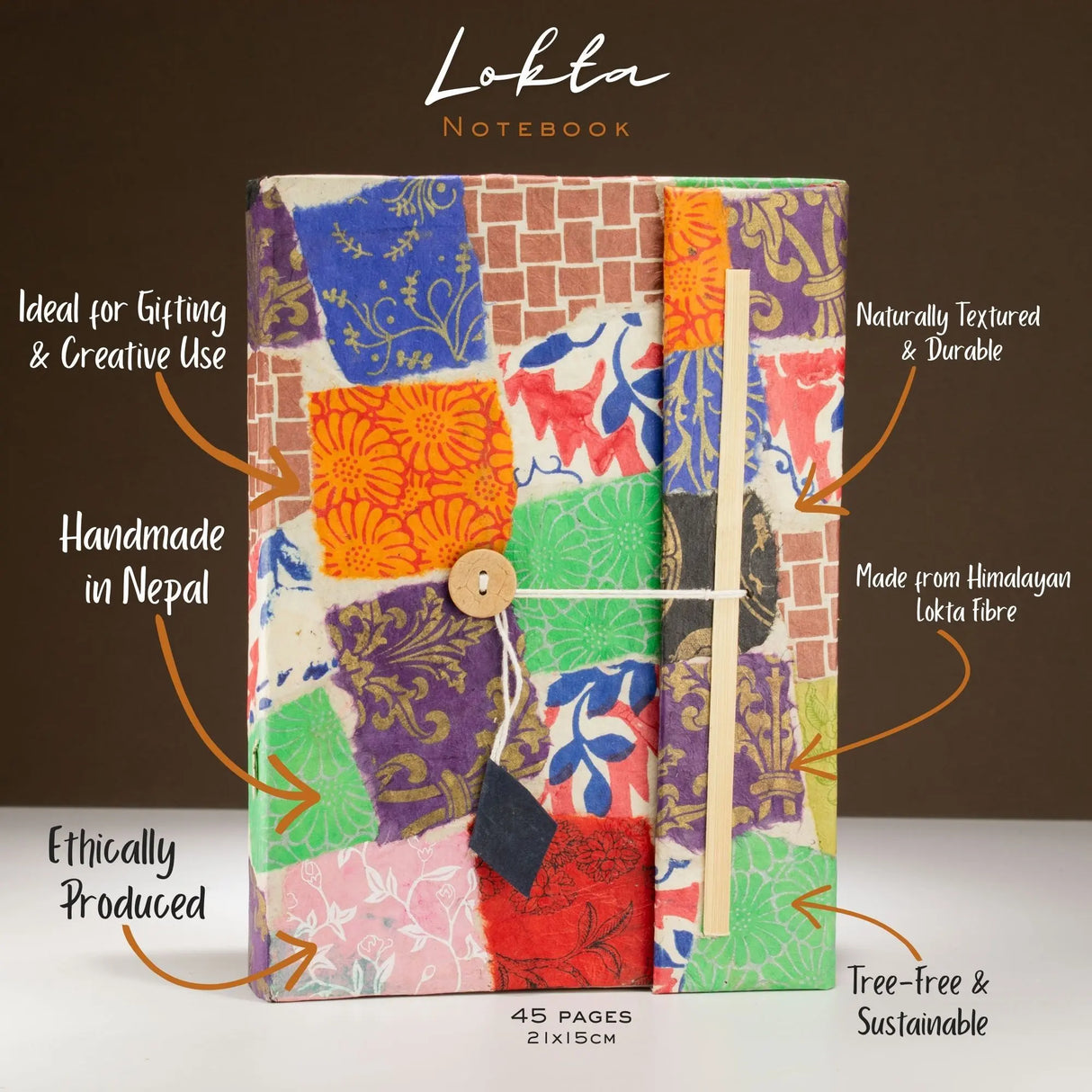 Lokta Patchwork Notebook Large (21x15cm) 45 Leaves Includes Bookmark Multi Colour