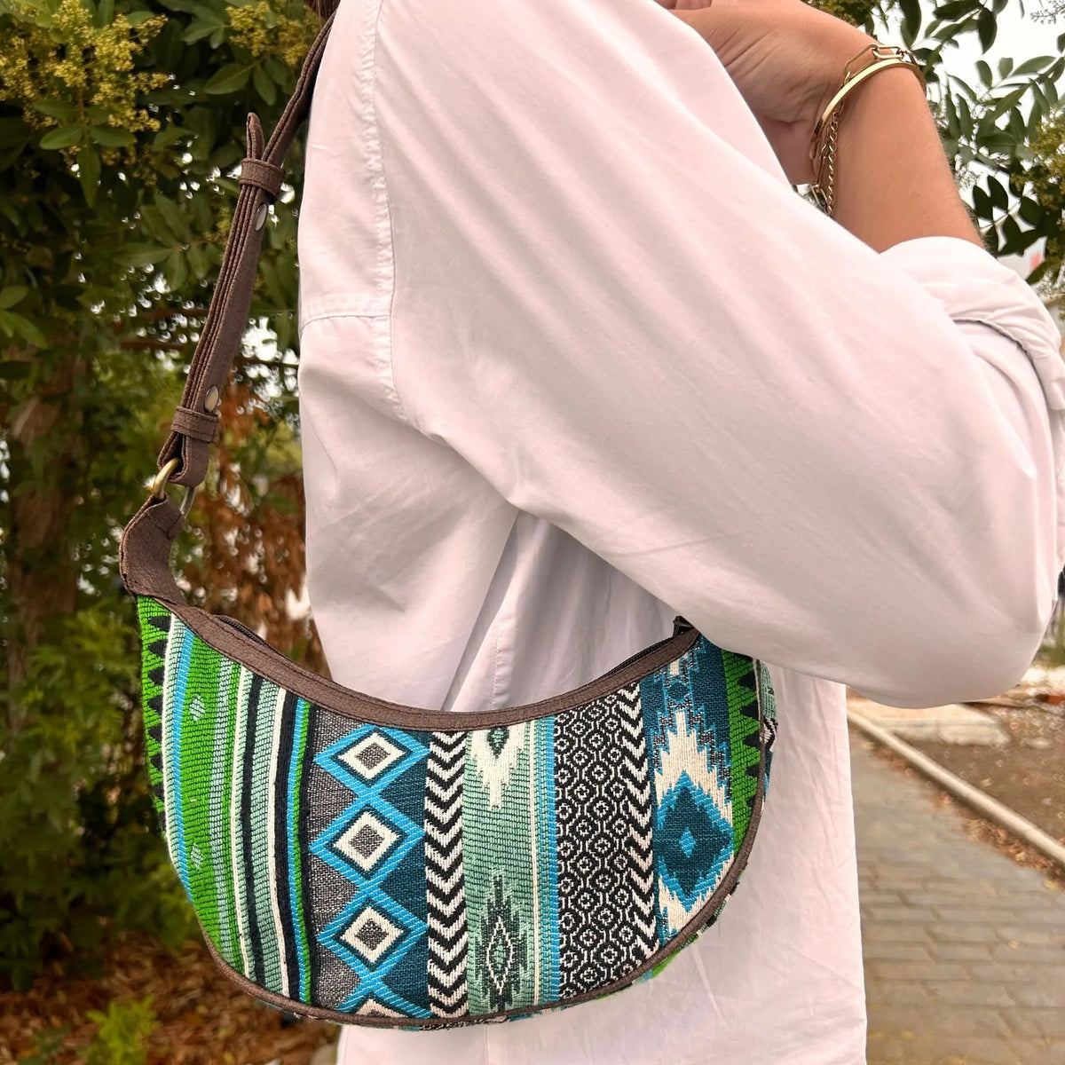 Jacquard Hobo Bag - Bold Greens (brown strap)
