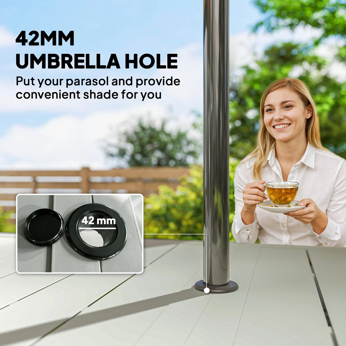 Outsunny Rectangle Garden Table with Parasol Hole, Outdoor Dining Table for 6, Patio Table for Balcony, 150cm x 90cm, Light Grey