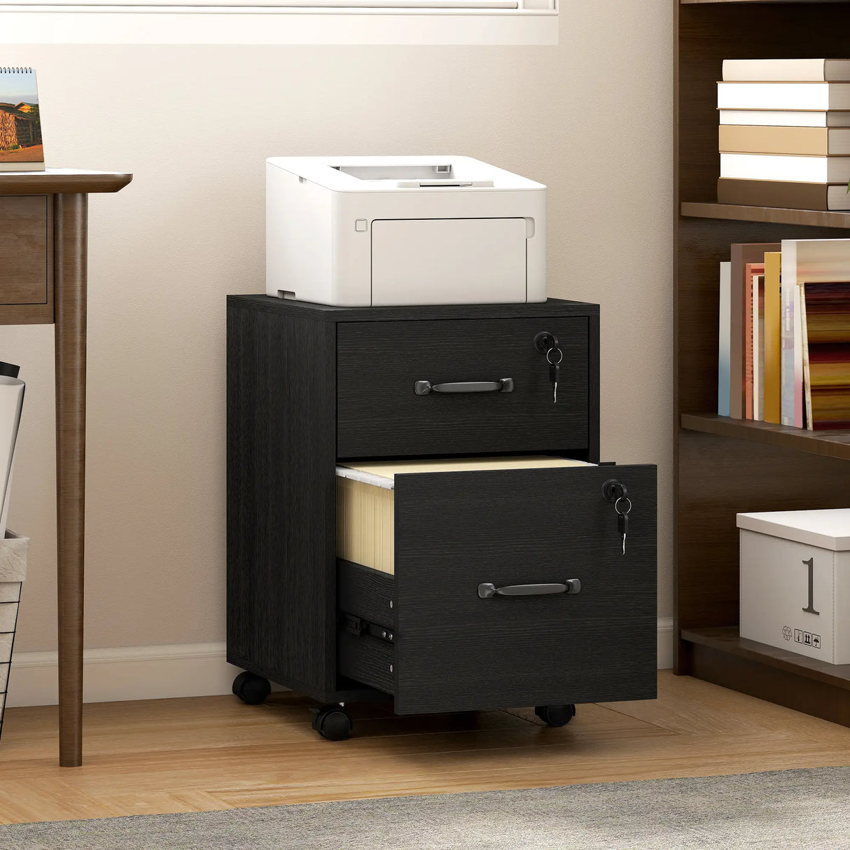 HOMCOM Rolling File Cabinet with 2 Drawers, Mobile Filing Cabinet with Hanging File Folder for Letter Sized Documents, Black