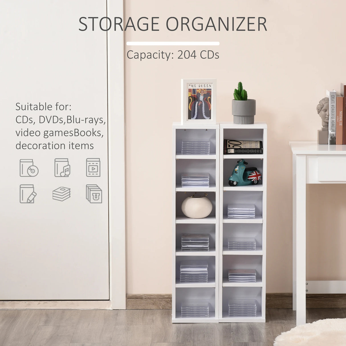 HOMCOM 204 CD Media Display Shelf Unit Set of 2 Blu-Ray Tower Rack w/ Adjustable Shelves Bookcase Storage Organiser, White