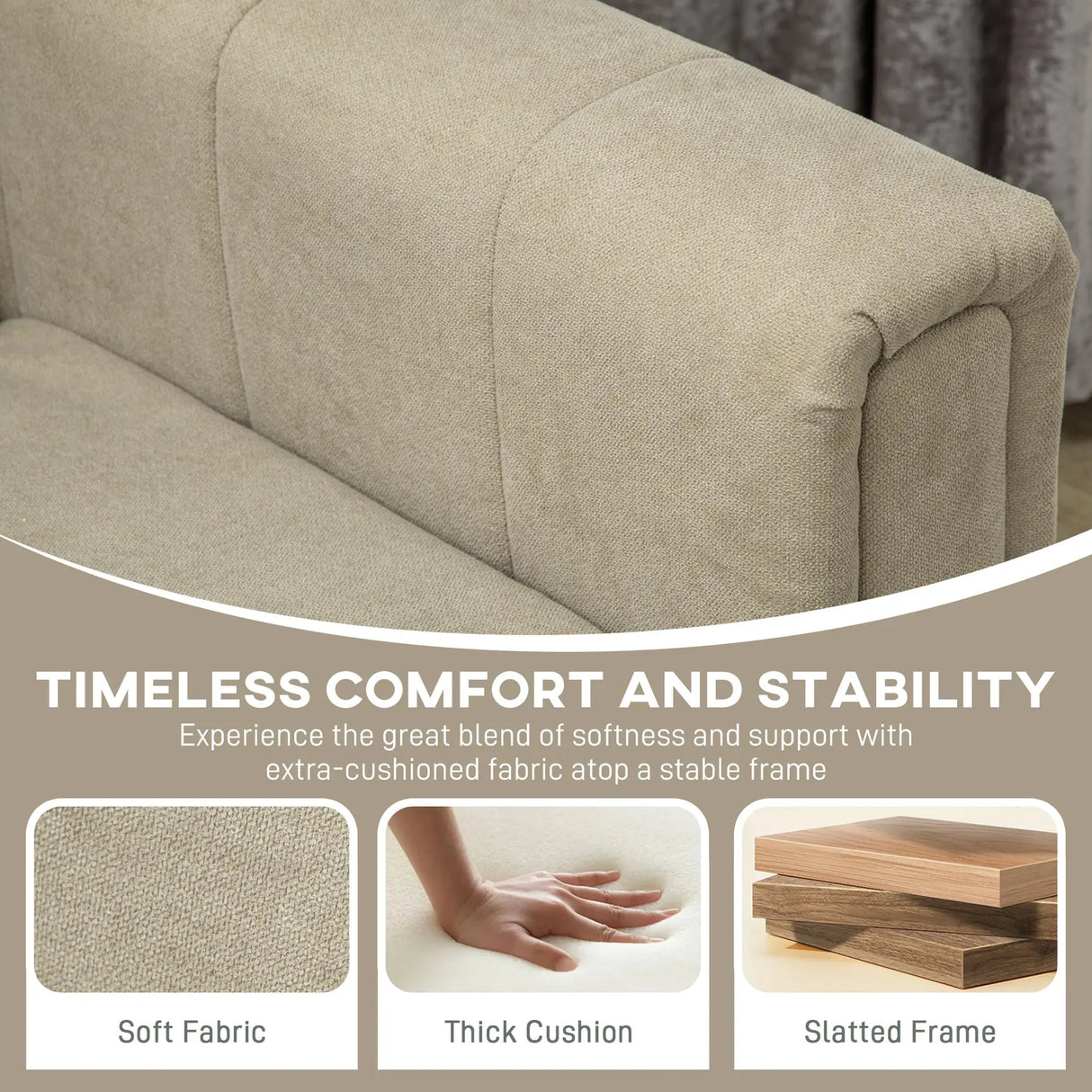 HOMCOM 3 Seater Sofa, Modern Fabric Sofa Couch, Channel Tufted Upholstered Sofa Settee for Living Room, Guest Room, Bedroom, Home Office, Khaki