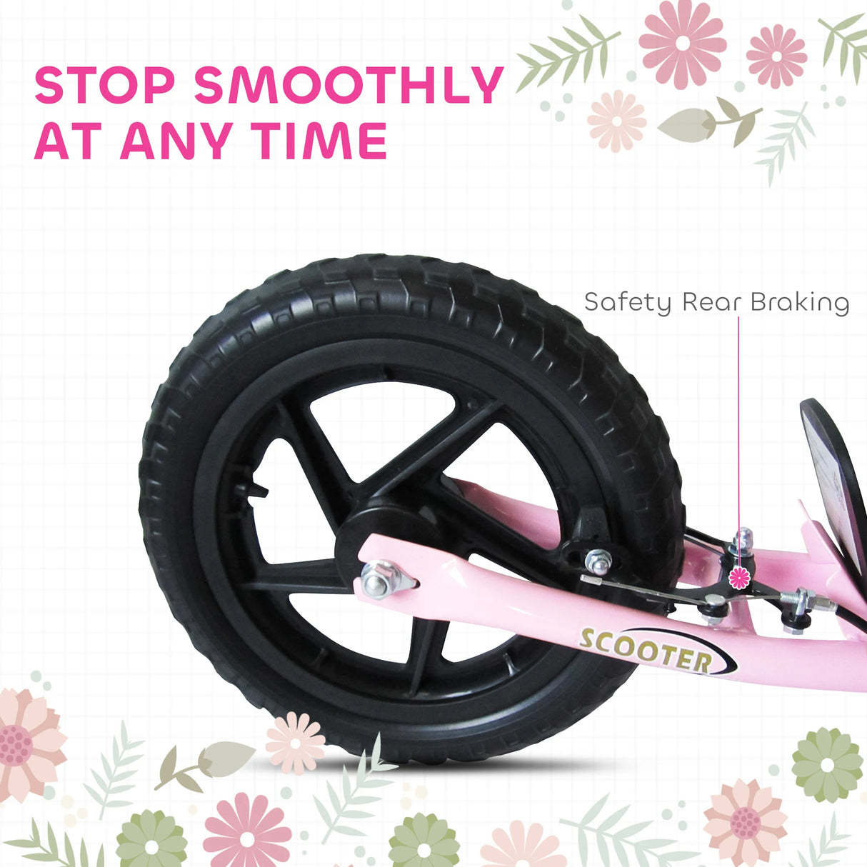 HOMCOM Kids Scooter Kick Scooter, with 12" EVA Tyres, Rear Brake, Big Wheels Scooter for 5-12 Years , Pink