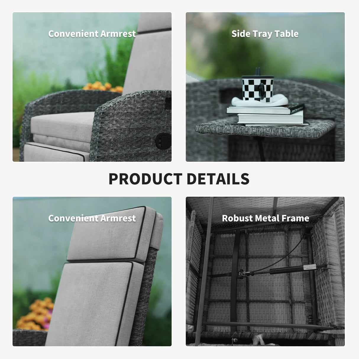 Outsunny Outdoor Recliner Chair with Adjustable Backrest and Footrest, Cushion, Side Tray, Light Grey/Grey