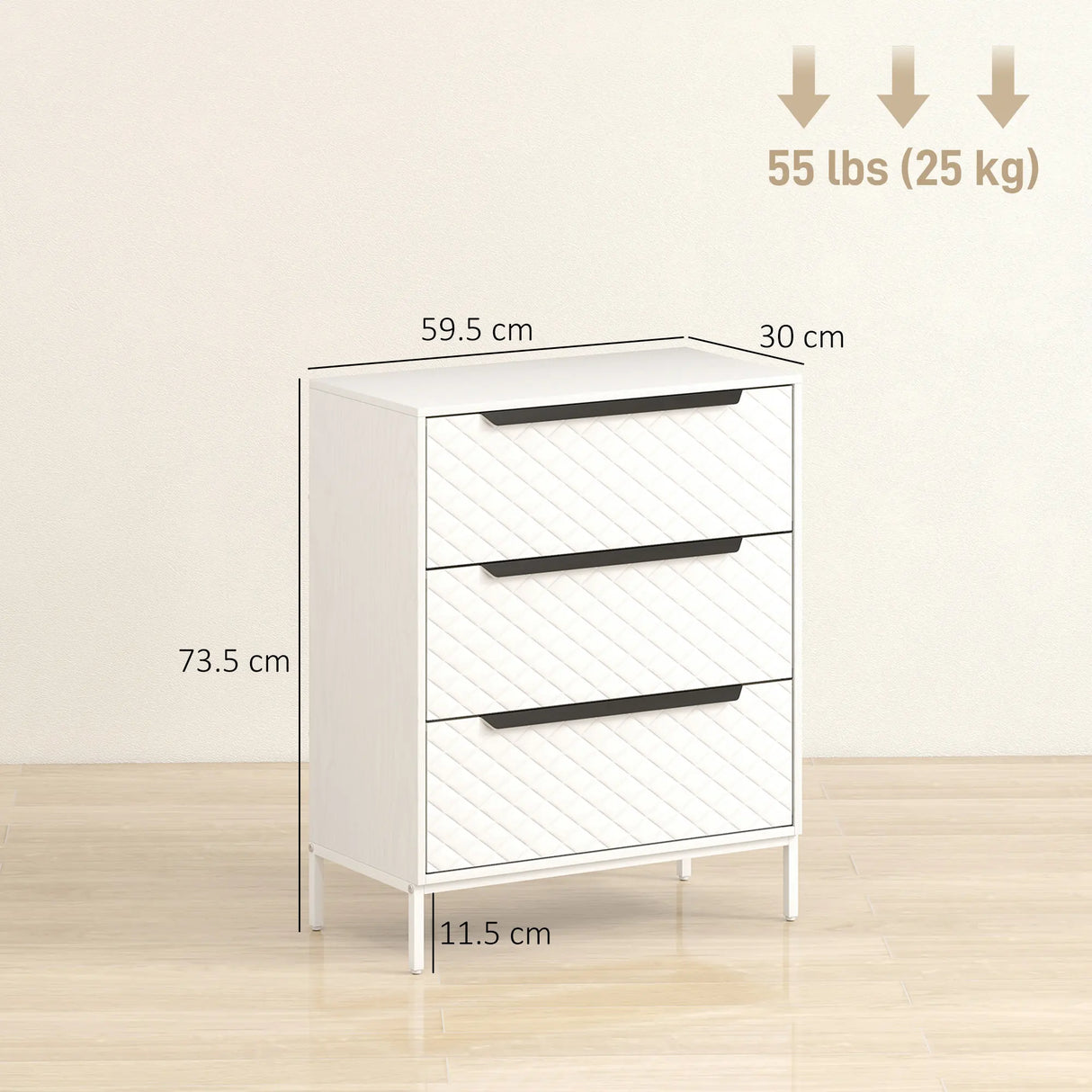 HOMCOM Chest of Drawers, Dresser with 3 Fabric Drawers and Aluminium Handles - White