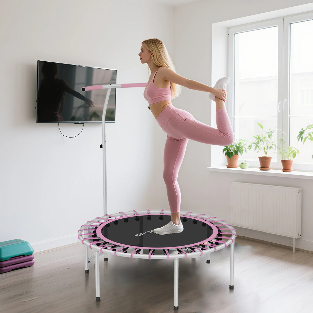 SPORTNOW 40" Fitness Trampoline, Mini Rebounder Trampoline for Adults with 5-Level Adjustable Handle, Indoor Exercise Bungee Rebounder, Max Load 100KG, Purple