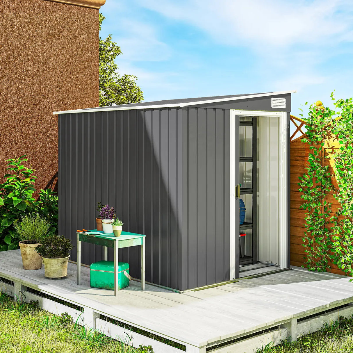 Outsunny 7 x 5ft Galvanised Metal Shed, with Sliding Door - Dark Grey