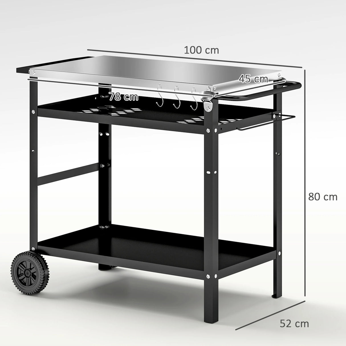 Outsunny BBQ Trolley with Stainless Steel Top Adjustable Shelf, Outdoor Kitchen Barbecue Station with Hooks Seasoning Tray Towel Rack, Pizza Oven Table Movable Grill Dining Cart with Cover, Black