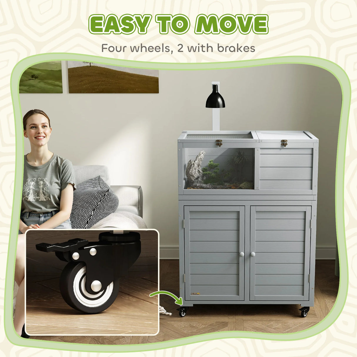 PawHut Wooden Tortoise House with Storage Cabinet, Openable Top, Lamp Holder, Windows, Light Grey