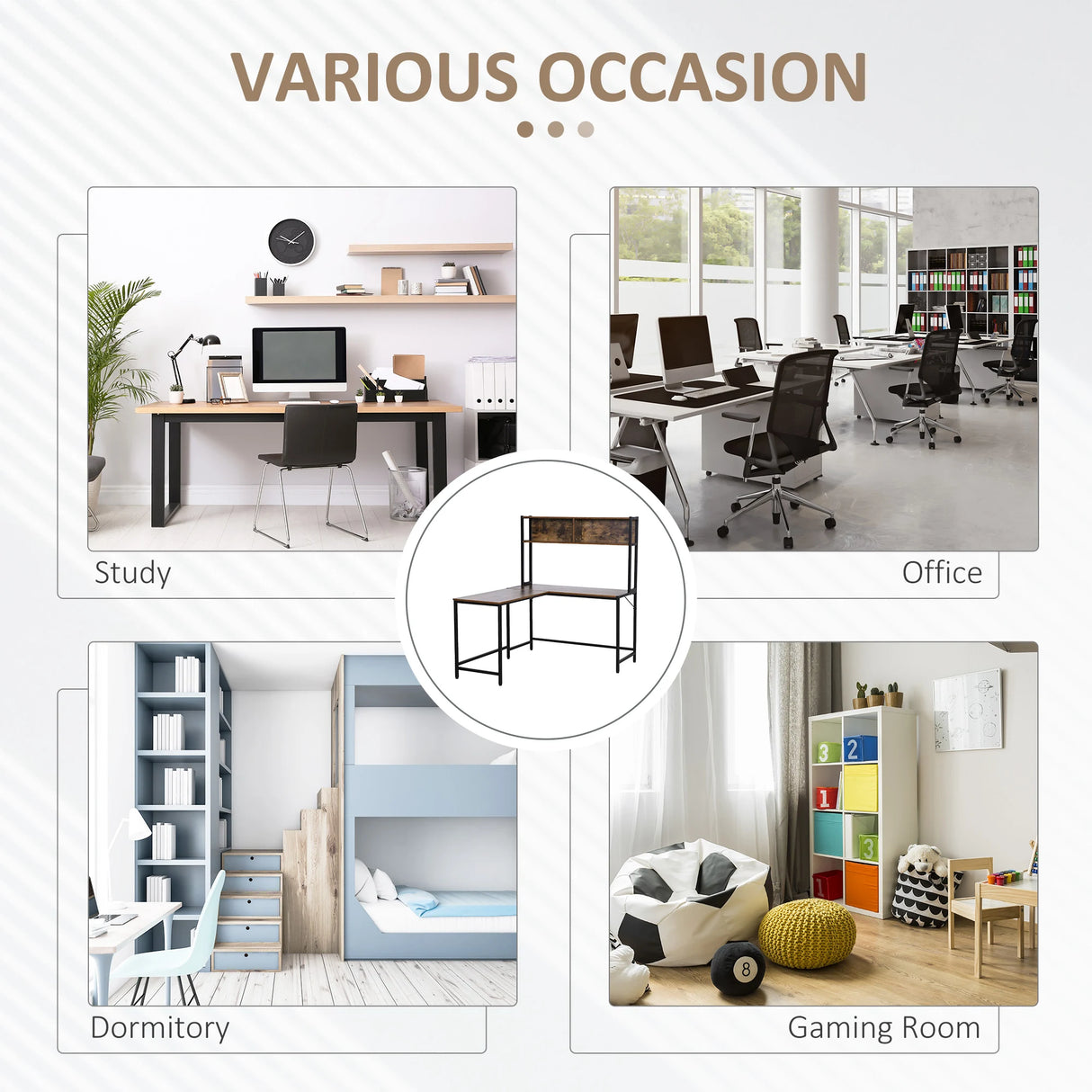 HOMCOM L Shaped Desk with Book Shelf, Industrial Corner Computer Desk, Writing Table with Steel Frame for Home Office, Bedroom, Study Room, 140 x 125cm, Brown