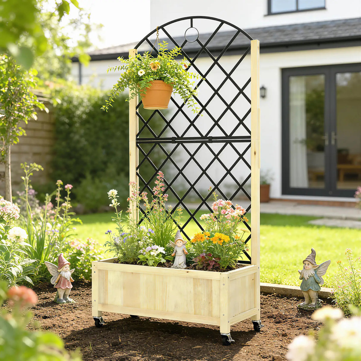 Outsunny Raised Garden Bed with Metal Trellis, Wooden Elevated Planter Box with Lockable Wheels, Outdoor Raised Planter, Natural