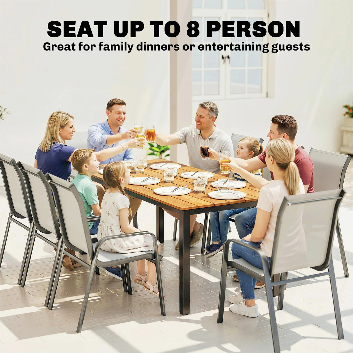 Outsunny Garden Dining Table for 6-8 Person, 180 x 86 cm Rectangular Outdoor Dining Table with Wood Slatted Top, Teak