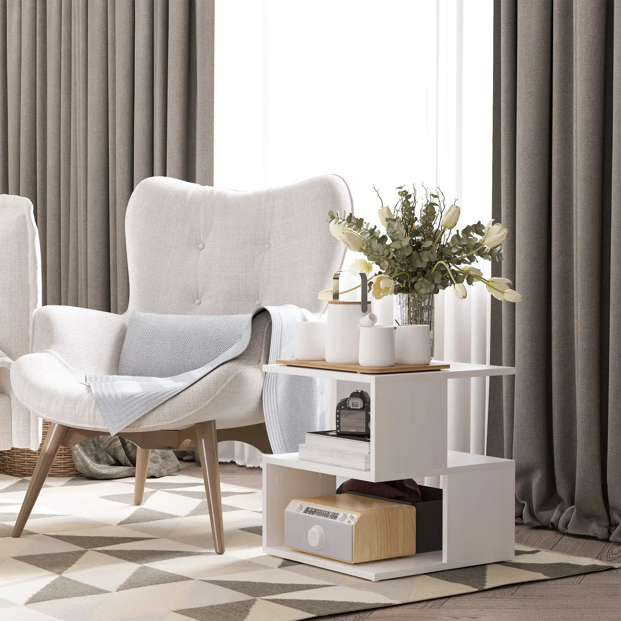 HOMCOM Set of 2 Side Table, Square Coffee Table, Modern End Table with 2 Tier Storage Shelves for Living Room, Bedroom, White