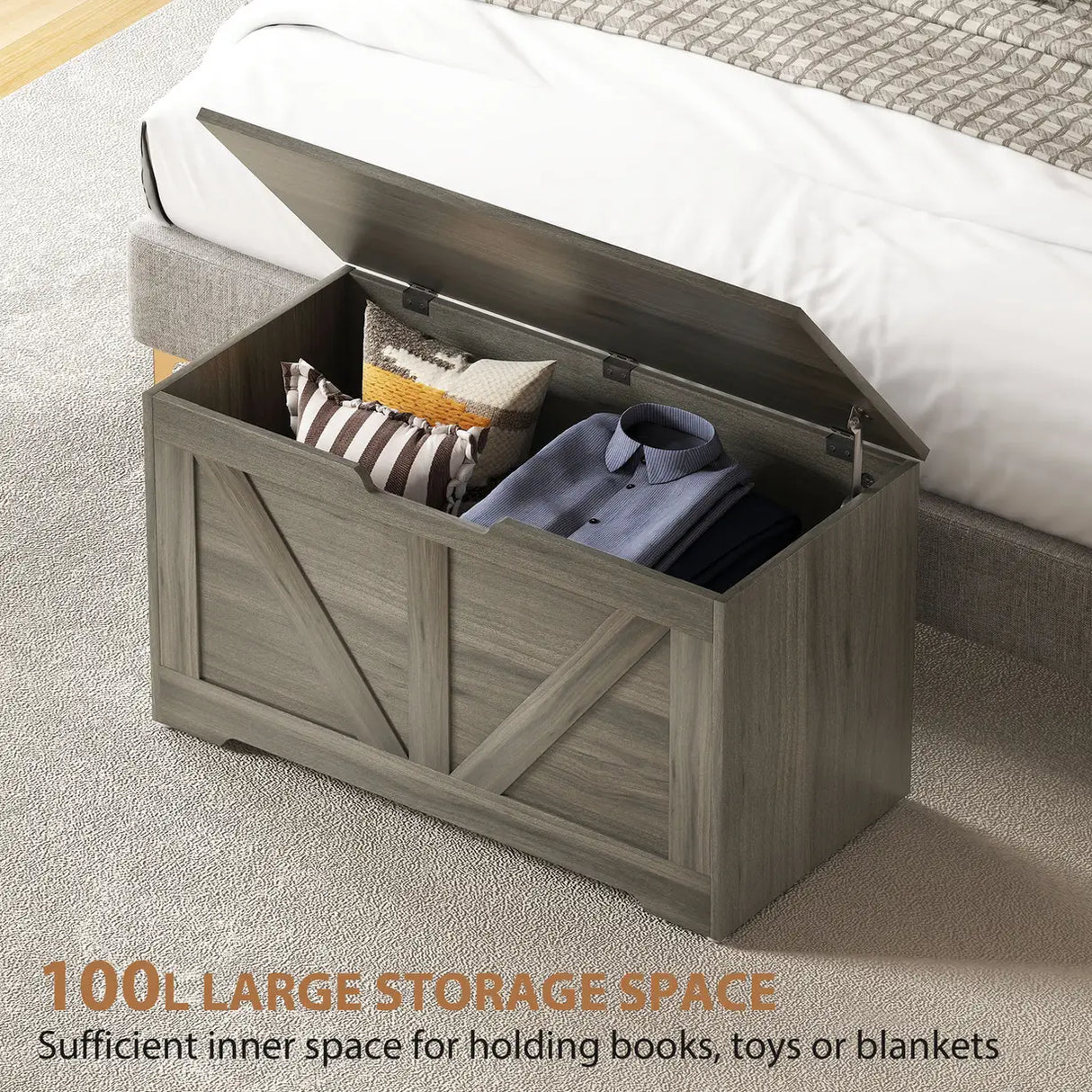 HOMCOM 100L Home Storage Box, with Safety Hinges - Charcoal Grey