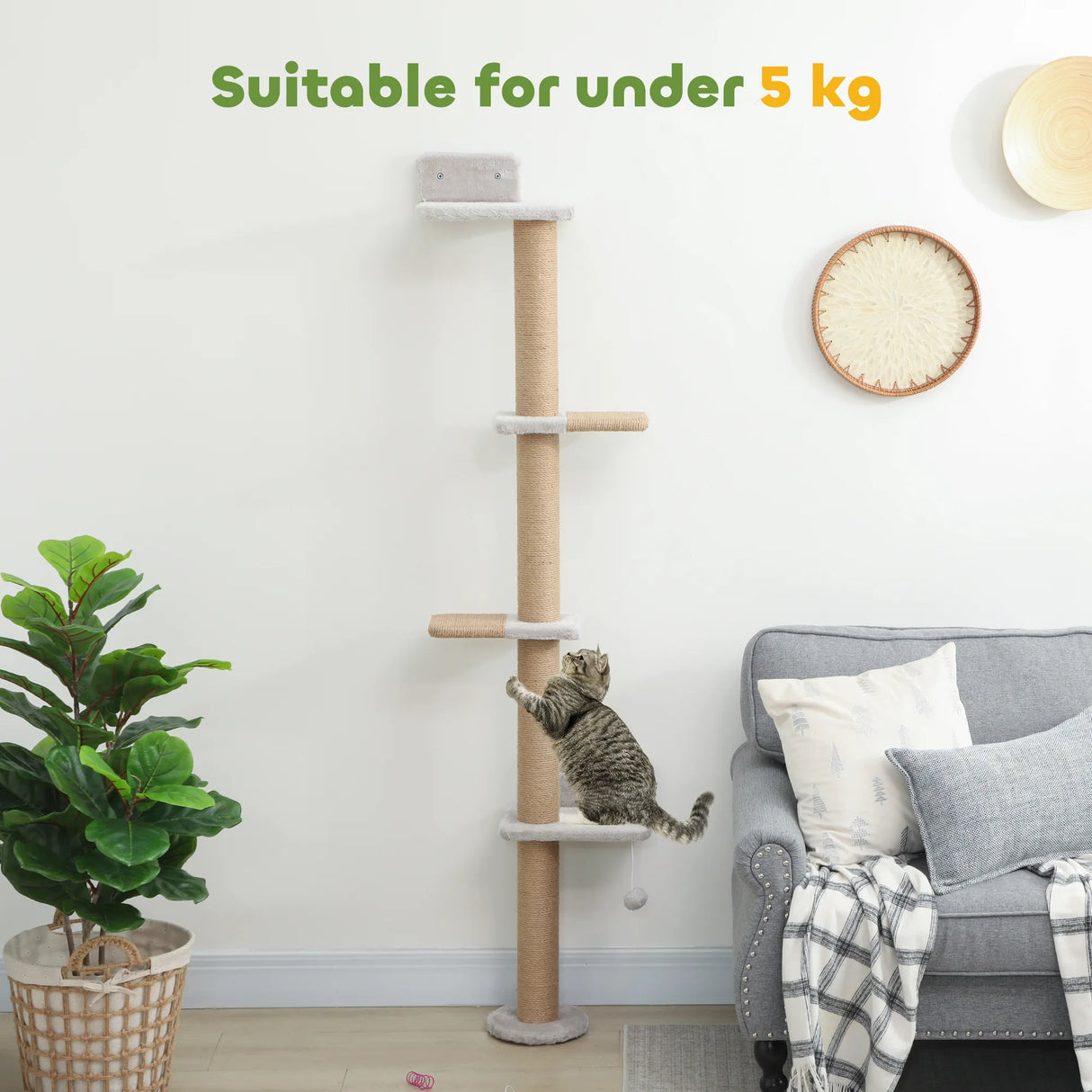 PawHut Wall Mounted Cat Shelves, Cat Climbing Wall with 4 Climbing Platforms, Jute Scratching Post and Toy Ball,180cm Tall, Light Grey